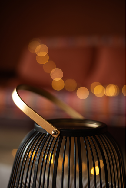 Portable black powder coated metal candle holder